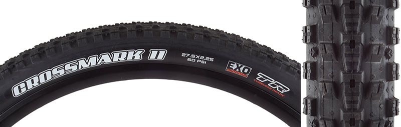 Close-up of a 27.5x2.25 CrossMark II DC/EXO/TR Bicycle Tire, highlighting the tread design with corner and transition knobs and a stepped center line for enhanced traction and performance.