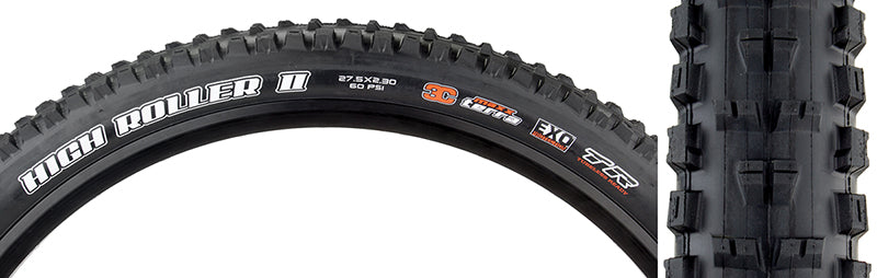 Close-up view of a 27.5x2.3 High Roller II EXO/TERRA Bicycle Tire showcasing its tread pattern and sidewall protection, designed for improved braking and traction on hard surfaces.