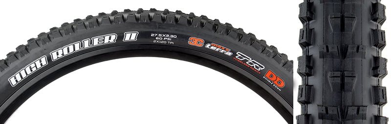 Close-up of the 27.5x2.3 High Roller II TERRA/TR/DD Bicycle Tire showcasing its aggressive tread design, ideal for excellent traction, mud clearing, and consistent performance on various terrains.