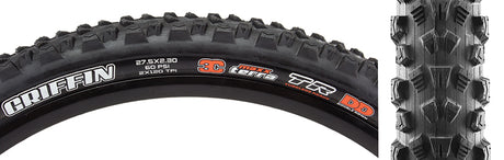 Close-up of a 27.5x2.3 Griffin Bicycle Tire showcasing tightly spaced, heavily ramped knobs, ideal for speed and traction, with Double Down construction and Tubeless Ready features.