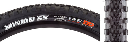 Close-up of the 27.5x2.3 Minion SS TERRA/TR/DD Bicycle Tire, showcasing the square profiled tread with micro knobs in the center and exaggerated corner knobs for enhanced traction and performance.