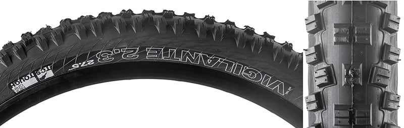 27.5x2.3 Vigilante TCS Tough High Grip Bicycle Tire close-up showcasing the square-lugged tread pattern and stiff outside knobs, designed for stability in loose or wet terrain.