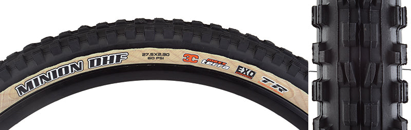 27.5x2.3 Black/Tan Minion DHF TERRA/EXO/TR Bicycle Tire featuring detailed tread patterns for enhanced grip, visible close-up showcasing the robust design and intricate channel-cut knobs for superior control and cornering.