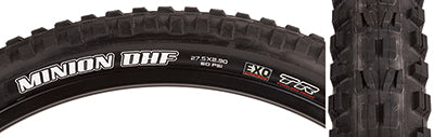 Close-up of the 27.5x2.3 Minion DHF DC/EXO/TR Bicycle Tire, highlighting its detailed tread pattern designed for low rolling resistance and enhanced grip, showcasing sidewall protection features.