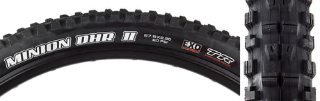 Close-up of the 27.5x2.3 Minion DHR II DC/EXO/TR Bicycle Tire, highlighting its tread pattern designed for improved acceleration, cornering, and braking with EXO sidewall protection for puncture resistance.