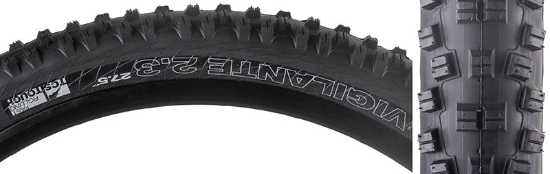 Close-up of the 27.5x2.3 Vigilante TCS Tough Fast Rolling Bicycle Tire, highlighting its square-lugged open-tread pattern and stiff outside knobs for enhanced stability and grip on loose or wet terrain.