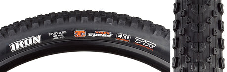 Close-up of the 27.5x2.35 Ikon EXO/TR Bicycle Tire showcasing its high-volume casing and fast-rolling tread design, ideal for diverse riding conditions and featuring EXO sidewall protection.