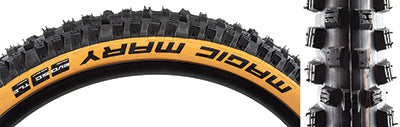 Close-up of a 27.5x2.35 Magic Mary Bicycle Tire showcasing the tread pattern with large corner knobs and siped center blocks, designed for downhill and enduro use in wet, muddy conditions.