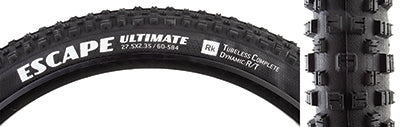 Close-up of a 27.5x2.35 Escape Ultimate Bicycle Tire showcasing widely-spaced square knobs and durable casings, designed for edge-to-edge grip and traction on various terrains.