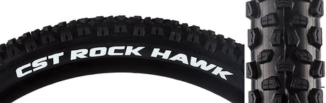 27.5x2.4 Rock Hawk Wire Bicycle Tire with aggressive tread pattern and large, well-spaced lugs, designed for optimal mud shedding on mountain bike trails.