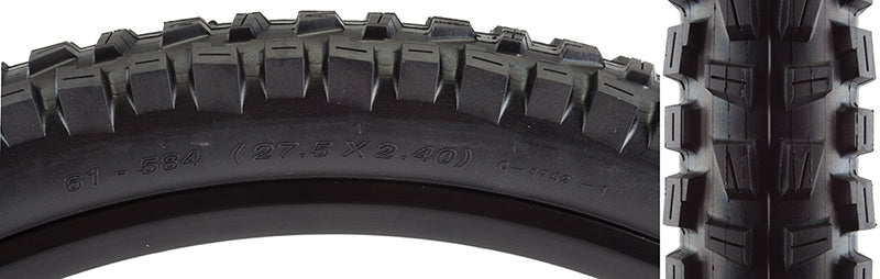 Close-up of a 27.5x2.4 BFT Bicycle Tire, showcasing its aggressive tread pattern designed for loose and wet conditions.