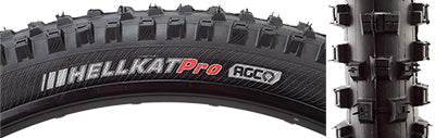 Close-up of the 27.5x2.4 HellKat Pro RSR/AEC/TLR/60 Fold Bicycle Tire, showcasing its aggressive tread pattern with well-spaced, siped tall knobs designed for extreme grip on downhill and gravity trails.