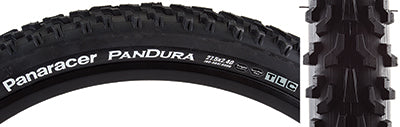 Close-up of the 27.5x2.4 Pandura Bicycle Tire, showcasing its directional tread and elongated lugs for Enduro/All-Mountain use. The tire features siped corner knobs and is available in dual and triple compound versions.