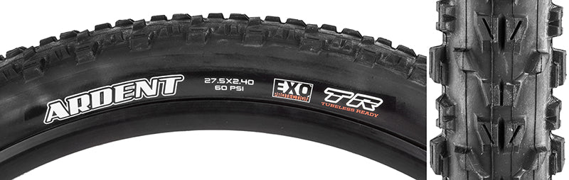 Close-up of the 27.5x2.4 Ardent DC/EXO/TR Bicycle Tire showcasing its aggressive tread pattern and robust sidewall construction. Ideal for traction and durability on various terrains.