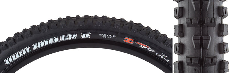 Close-up of the 27.5x2.4 High Roller II 3CG/2PLY Bicycle Tire, showcasing its aggressive tread design and modified knobs for excellent soil penetration, mud clearing, and superior traction on technical freeride terrain.