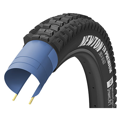 Close-up of the 27.5x2.4 Newton Premium Bicycle Tire showcasing its fast-rolling center tread and robust side knobs for enhanced traction and durability.