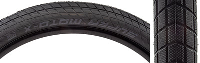 Close-up of 27.5x2.4 Super Moto-X Performance SnakeSkin Bicycle Tire showcasing its block tread and round profile, designed for durability and resistance, suitable for E-Bikes up to 50kph.