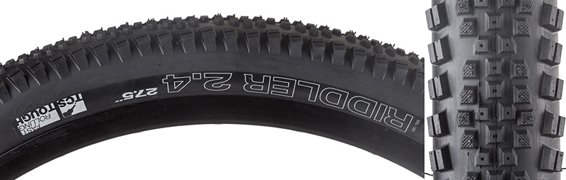 Close-up of a 27.5x2.4 Riddler TCS Tough Fast Rolling Bicycle Tire with densely packed center tread and large side knobs, designed for speed and stability in corners.