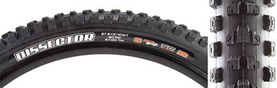 Close-up of the 27.5x2.4 Dissector 3CT/DD/TR Bicycle Tire, showcasing its round profile, large siped knobs, and tread designed for traction and minimal rolling resistance.