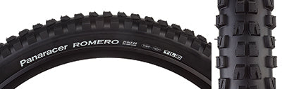 Close up of a 27.5x2.4 Romero Bicycle Tire showcasing its ramped center knobs, vertically siped shoulder knobs, and reinforced Anti-Flat Plus casing for enhanced protection and grip in all conditions.