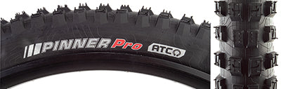 Close-up of the 27.5x2.4 Pinner Pro ATC Bicycle Tire, highlighting its dual mid-height center blocks and aggressive edge blocks designed for fast descents and precise cornering.