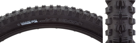 Close-up of a 27.5x2.4 Judge TCS Tough Fast Rolling Bicycle Tire, showcasing its large alternating center knobs and substantial shoulder knobs designed for traction in various conditions.