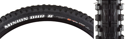 27.5x2.4 Minion DHR 3CG/2-PLY/TR/WT Bicycle Tire featuring a close-up of its tread and sidewall, highlighting the aggressive gravity riding design with wide corner knobs and reinforced sidewalls.