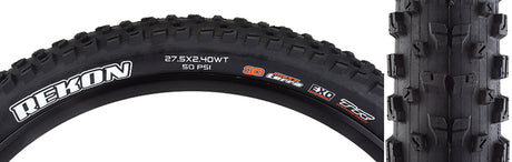 Close-up of the 27.5x2.4 Rekon TERRA/EXO/TR Bicycle Tire featuring wide knobs for control, L-shaped side knobs for support, and sidewall protection.