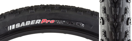 Close-up of a 27.5x2.4 Saber Pro Bicycle Tire, showcasing its low uniform tread profile and larger hooked edge knobs for maximum traction.