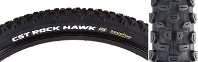 Close-up of a 27.5x2.4 Rock Hawk Fold Bicycle Tire showing aggressive tread pattern, large lugs, and ramped center knobs for enhanced performance.