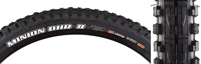 27.5x2.4 Minion DHR II TERRA/TR/DD/WT Bicycle Tire featuring a black tread with white text, showcasing the tire's detailed tread pattern optimized for aggressive trail riding.