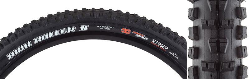 27.5x2.4 High Roller II SC/TR/DH/2PLY Bicycle Tire with aggressive tread design, visible white text, and robust construction. Perfect for downhill riding with enhanced traction and braking performance.