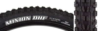 Close-up of the 27.5x2.5 Minion DHF 2-PLY Bicycle Tire showcasing its ramped knobs and channel-cut tread for enhanced grip and control, ideal for downhill riding with reinforced sidewalls.