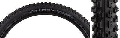 27.5x2.5 Edge 22 Bicycle Tire close-up showcasing tread pattern with ramped intermediate knobs and dual cornering edges, enhancing grip and predictability in turns.