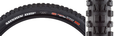 Close-up of the 27.5x2.5 Minion DHF 3CG/TR/DD Bicycle Tire, showcasing its knobby tread pattern designed for grip and control, with visible white text on the black rubber surface.