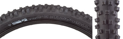 Close-up of a 27.5x2.5 Vigilante TCS Tough High Grip Bicycle Tire, showcasing its square-lugged open tread pattern and sturdy knobs designed for enhanced stability and traction in various terrains.