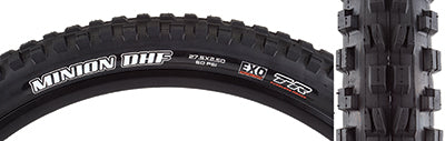 Close-up of the 27.5x2.5 Minion DHF DC/EXO/TR/WT Bicycle Tire showcasing its tread pattern optimized for low rolling resistance and extra grip, featuring EXO sidewall protection.