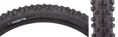 Close-up of a 27.5x2.5 Vigilante TCS Tough Fast Rolling Bicycle Tire, showcasing its square-lugged open-tread pattern and stiff outside knobs designed for stability and traction in loose or wet terrain.