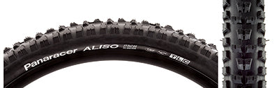 Close-up of the 27.5x2.6 Aliso Bicycle Tire showcasing its aggressive tread pattern with ramped center knobs and tall corner knobs, designed for enduro and downhill mountain biking.