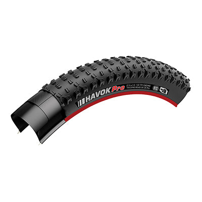 27.5x2.6 Havok Pro DTC/TR/TLR Bicycle Tire features a black design with a red stripe, showcasing close-up details of its tread pattern and logo, ideal for versatile trail conditions.