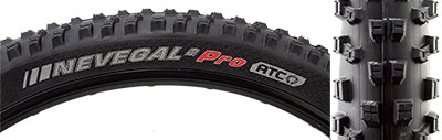 Close-up of the 27.5x2.6 Nevegal 2 Pro Bicycle Tire, showcasing its updated tread pattern with ramped center knobs and aggressive shoulder lugs for improved traction and reduced rolling resistance.