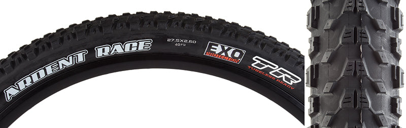 Close-up of 27.5x2.6 Ardent Race DC/EXO/TR Bicycle Tire showing detailed tread pattern with ramped center knobs and angled side knobs, designed for technical XC races and endurance events.