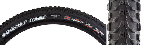 27.5x2.6 Ardent Race SPEED/EXO/TR Bicycle Tire close-up showing detailed tread pattern with center knobs for reduced rolling resistance and side knobs for enhanced corner traction.