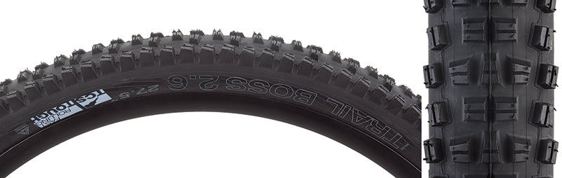 Close-up of the 27.5x2.6 Trail Boss TCS Tough Fast Rolling Bicycle Tire, highlighting its blocky, tall tread and dual-layer casing for enhanced durability and traction.