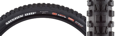 27.5x2.6 Minion DHF EXO+/TR/WT/TERRA Bicycle Tire featuring close-up of tread design, ramped and channel-cut knobs for control, and EXO+ sidewall protection, optimized for wide rims, tubeless ready.