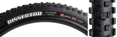 Close-up of the 27.5x2.6 Dissector 3CT/EXO/TR/WT Bicycle Tire, showcasing its round profile, large siped knobs, and tread designed for optimal traction and reduced rolling resistance.