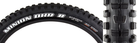 Close-up of the 27.5x2.6 Minion DHR II DC/EXO/TR/WT Bicycle Tire, showcasing the ramped dual-block center tread and wide corner knobs designed for aggressive gravity riding.