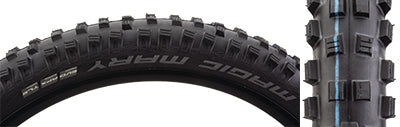 27.5x2.6 Magic Mary Evolution SnakeSkin SP-Grip Bicycle Tire close-up showcasing tread pattern with alternating siped and non-siped blocks, robust corner knobs, and reinforced sidewalls for traction in wet and muddy conditions.