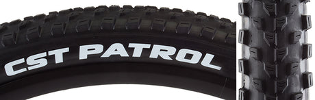 Close-up of the 27.5x2.8 Patrol Bicycle Tire, showcasing its staggered medium-height center knobs and aggressive corner knobs designed for reduced rolling resistance and excellent cornering grip.