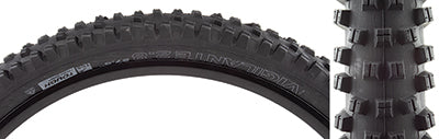 Close-up of 27.5x2.8 Vigilante TCS Tough TriTec High Grip Bicycle Tire, showcasing square-lugged open tread pattern and stiff outside knobs for enhanced stability and traction in challenging terrain.